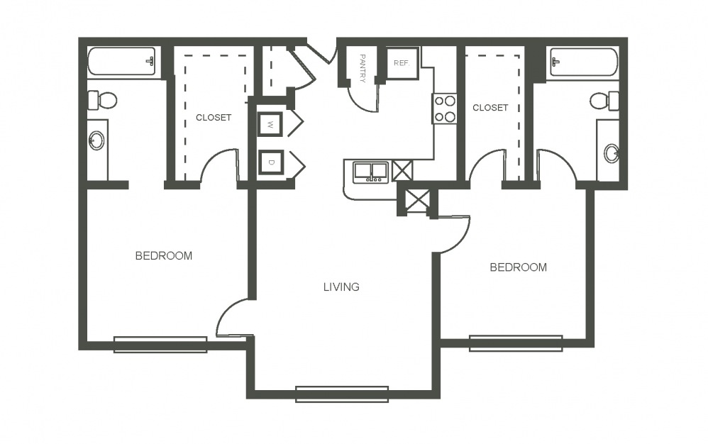 The Bluebonnet - 2 bedroom floorplan layout with 2 bath and 925 square feet (1st floor 2D)